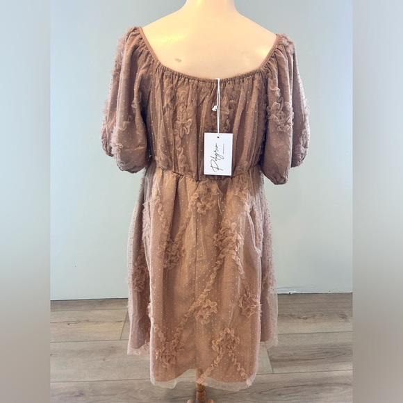 NWT Polagram Zelda Dress Tan Mesh Tulle Ruffled Square Neck - Picture 3 of 5